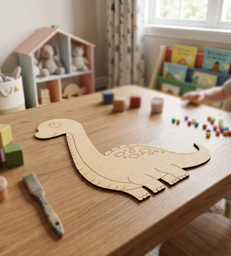 MDF DIY dinosaur craft on a child's play table with toys and books in the background