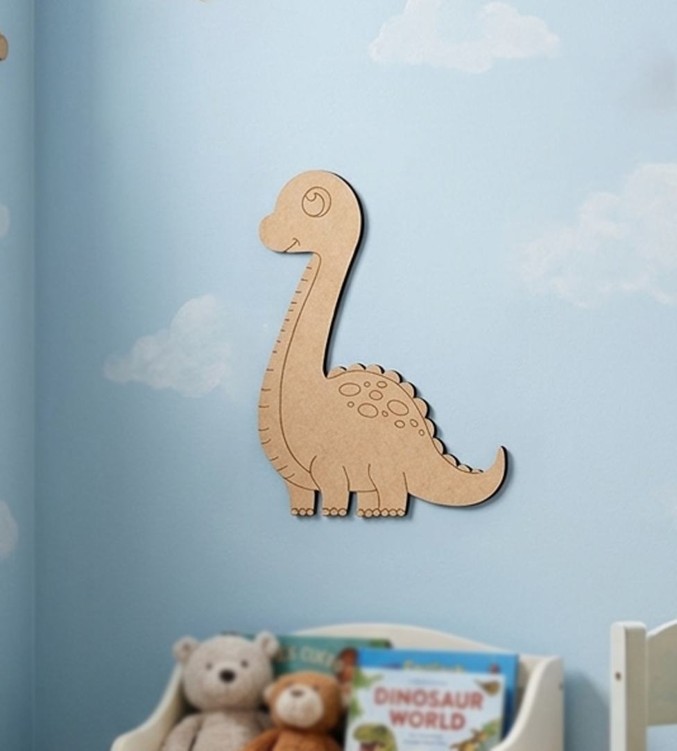 MDF DIY dinosaur wall decoration on a blue wall with children's books and toys below.