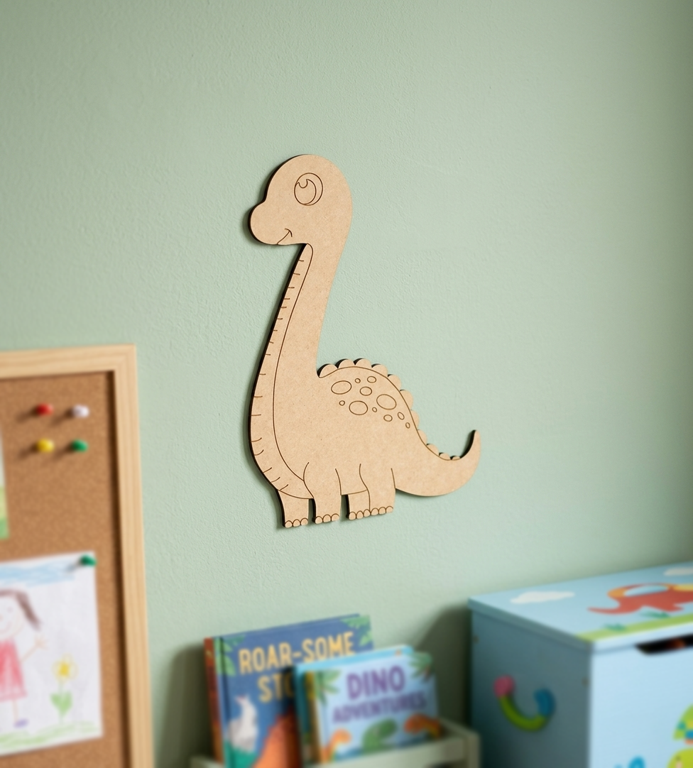 MDF DIY dinosaur growth chart on a wall with children's books and a box below.