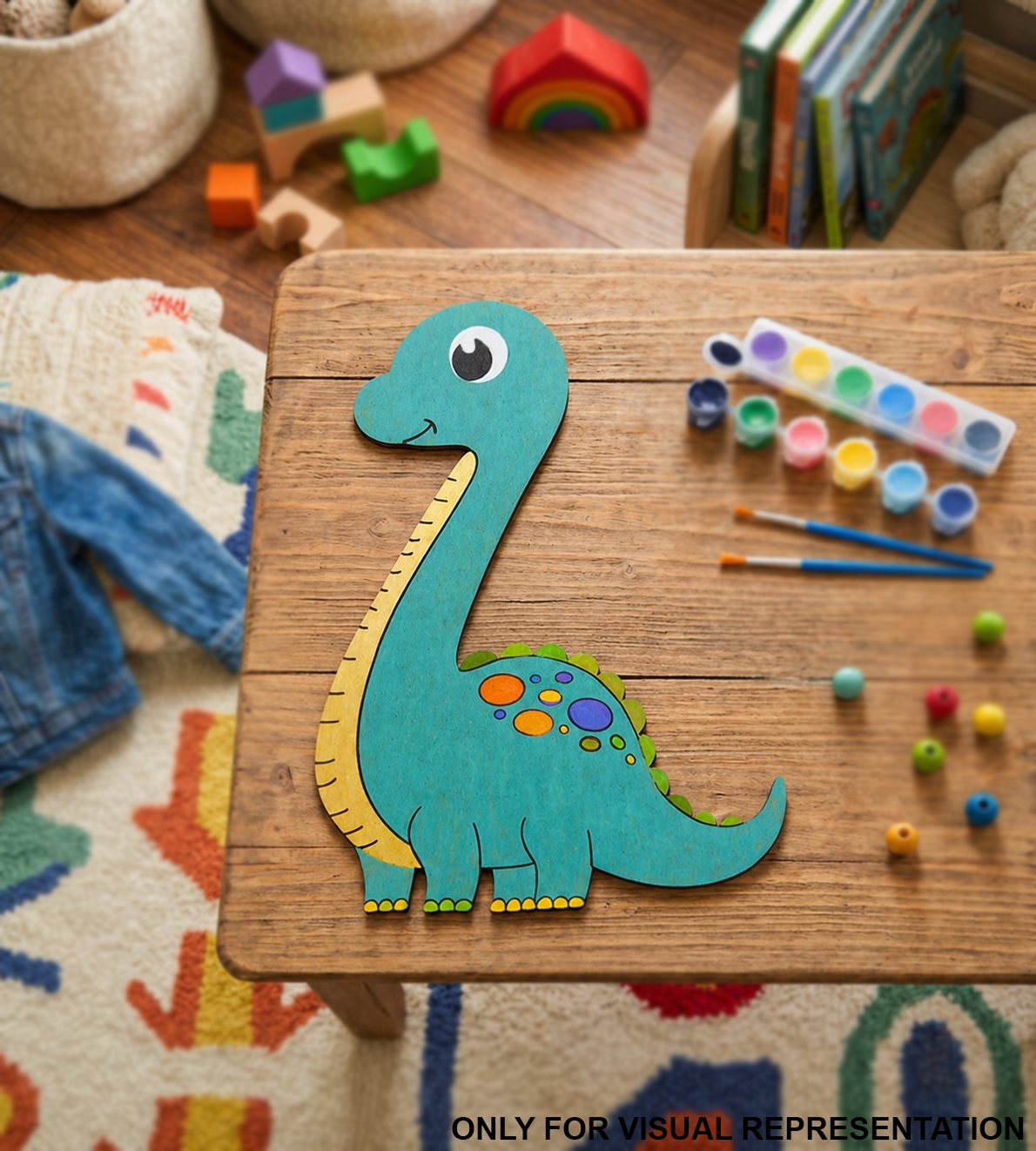 Children's craft project with a MDF DIY dinosaur cutout on a wooden table surrounded by art supplies.