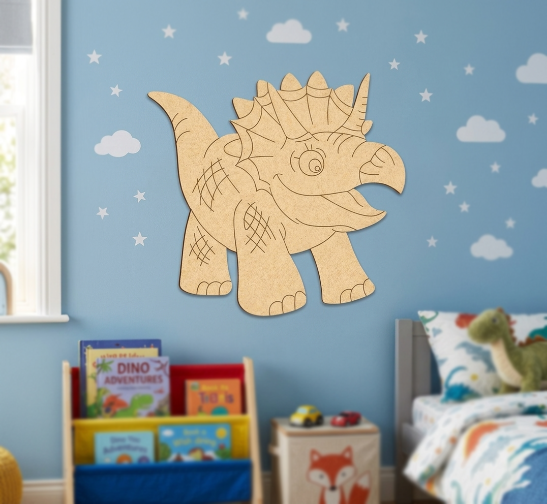 MDF DIY dinosaur wall decoration in a child's bedroom with books and toys.