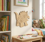 MDF DIY dinosaur wall decoration in a child's room with books and toys.
