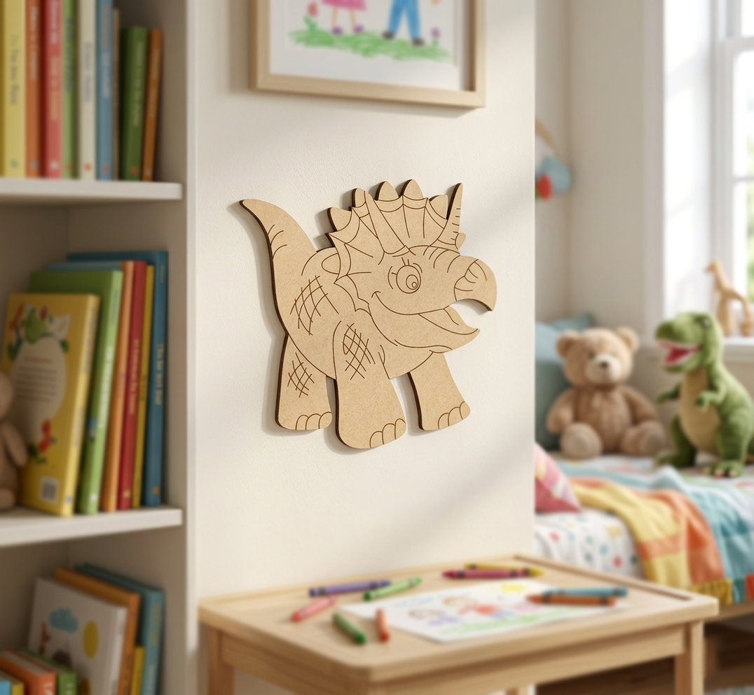 MDF DIY dinosaur wall decoration in a child's room with books and toys.