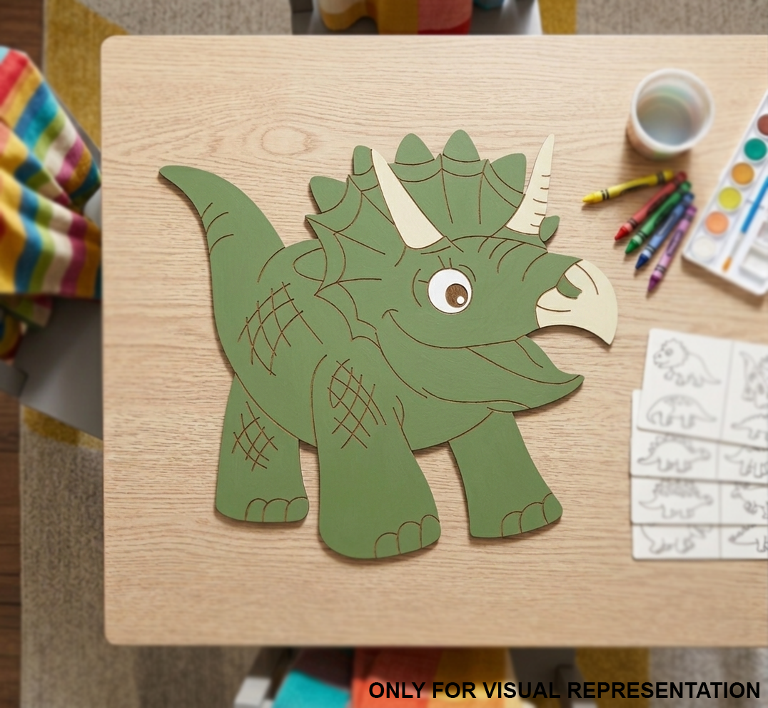 Children's MDF DIY dinosaur cutout on a wooden table with coloring supplies.
