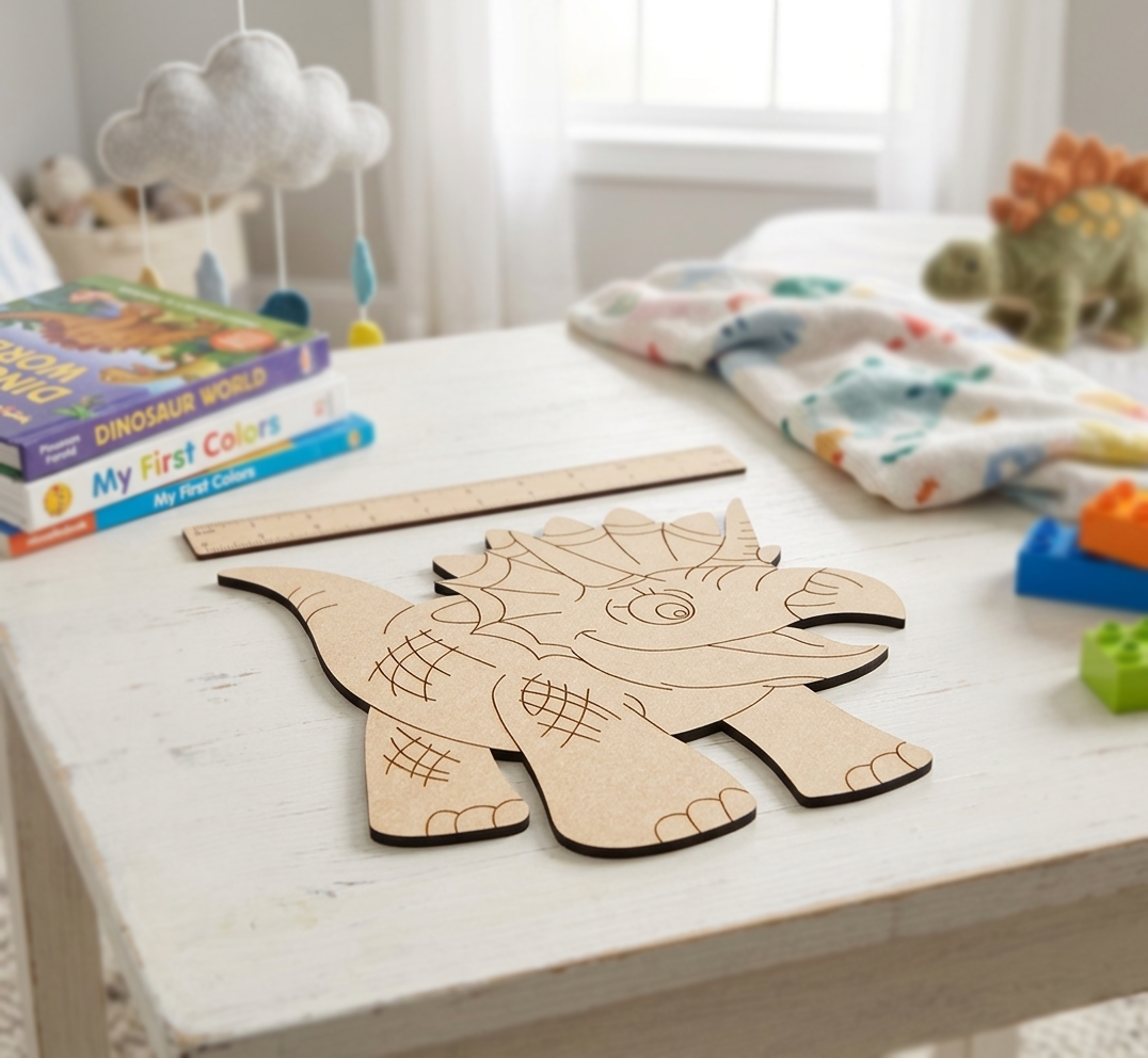 MDF DIY dinosaur puzzle on a table with children's books and toys in the background