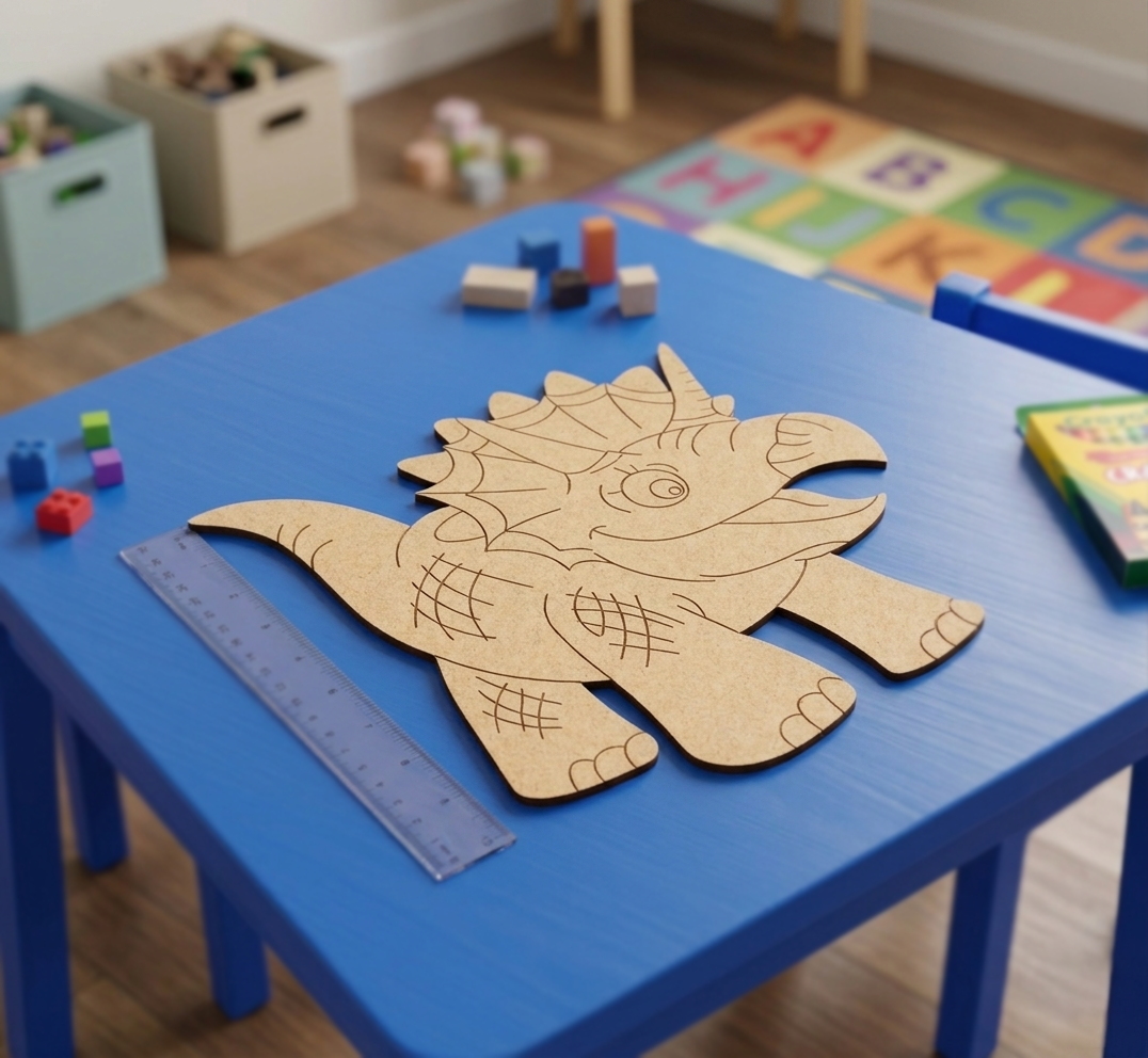 MDF DIY dinosaur puzzle on a blue table with toys and alphabet mat in the background