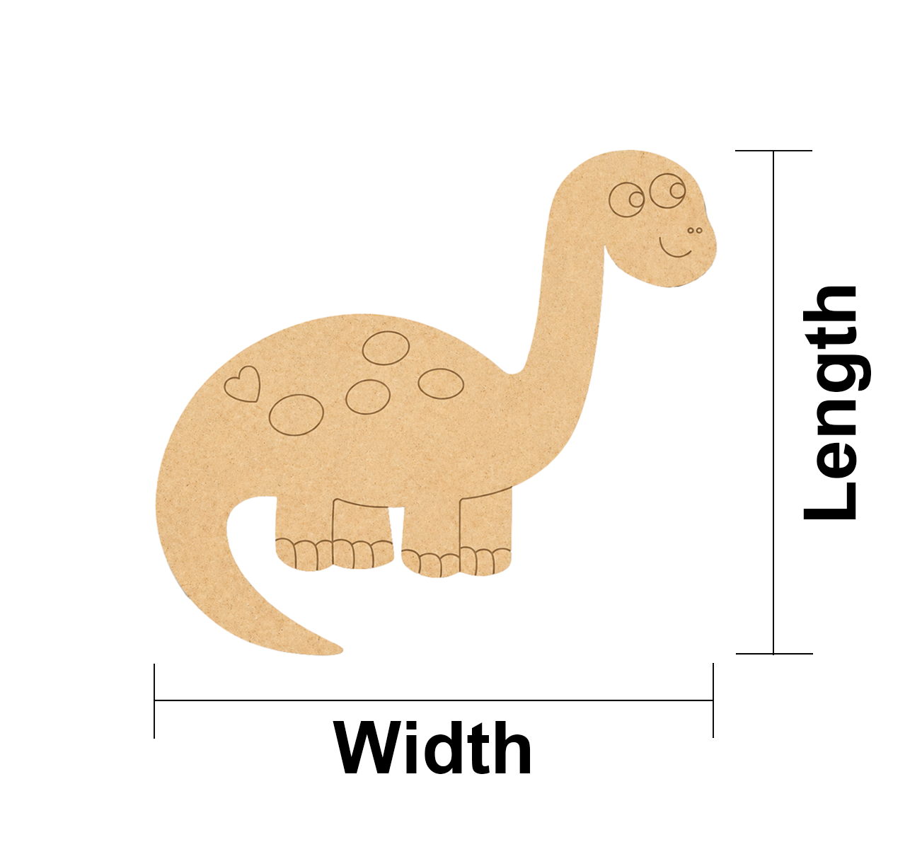 MDF DIY dinosaur cutout with measurements labeled on a white background