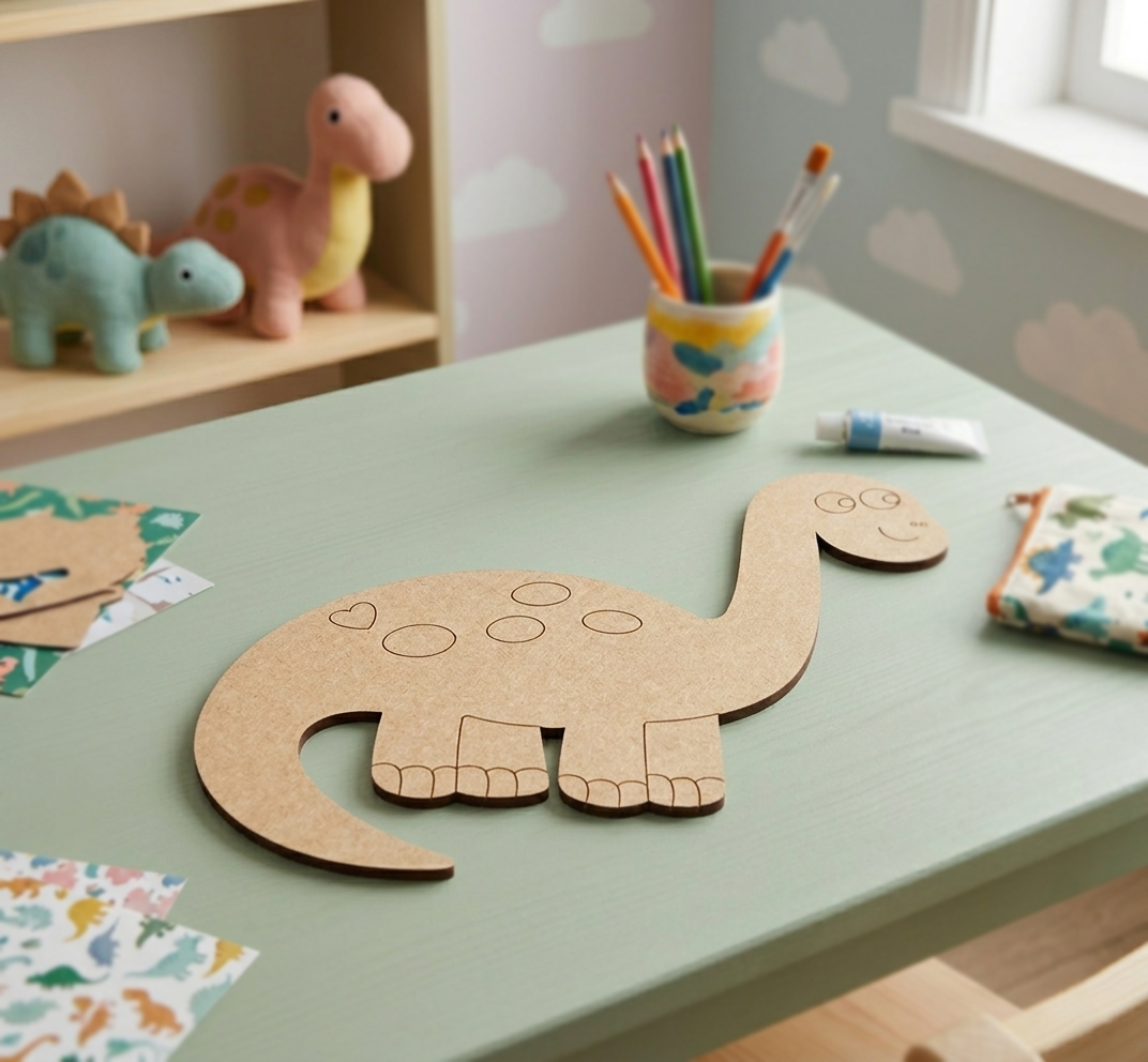Children's play area with a MDF DIY dinosaur model on a table, surrounded by toys and stationery.
