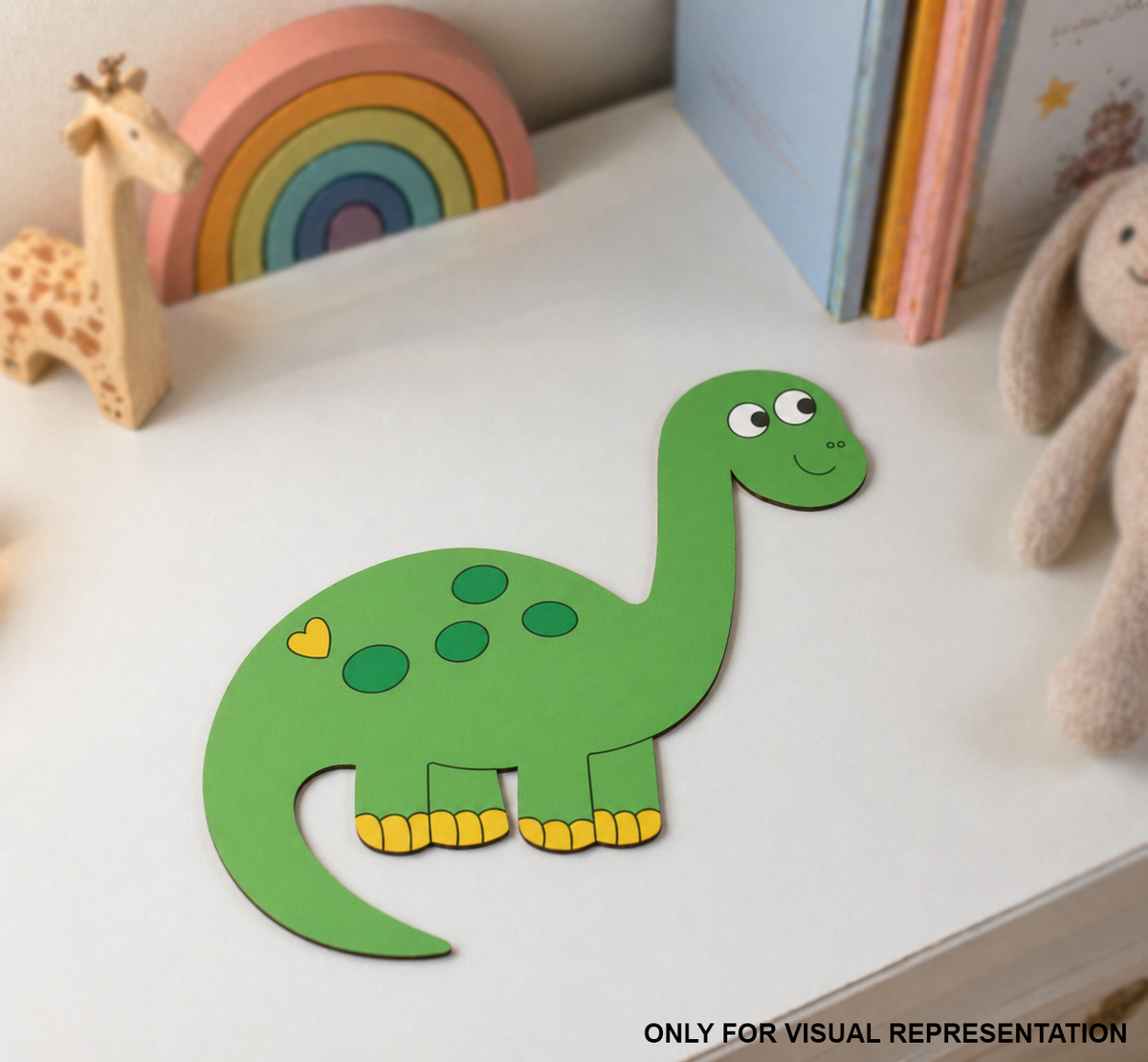 Children's MDF DIY dinosaur toy on a shelf with books and toys in the background