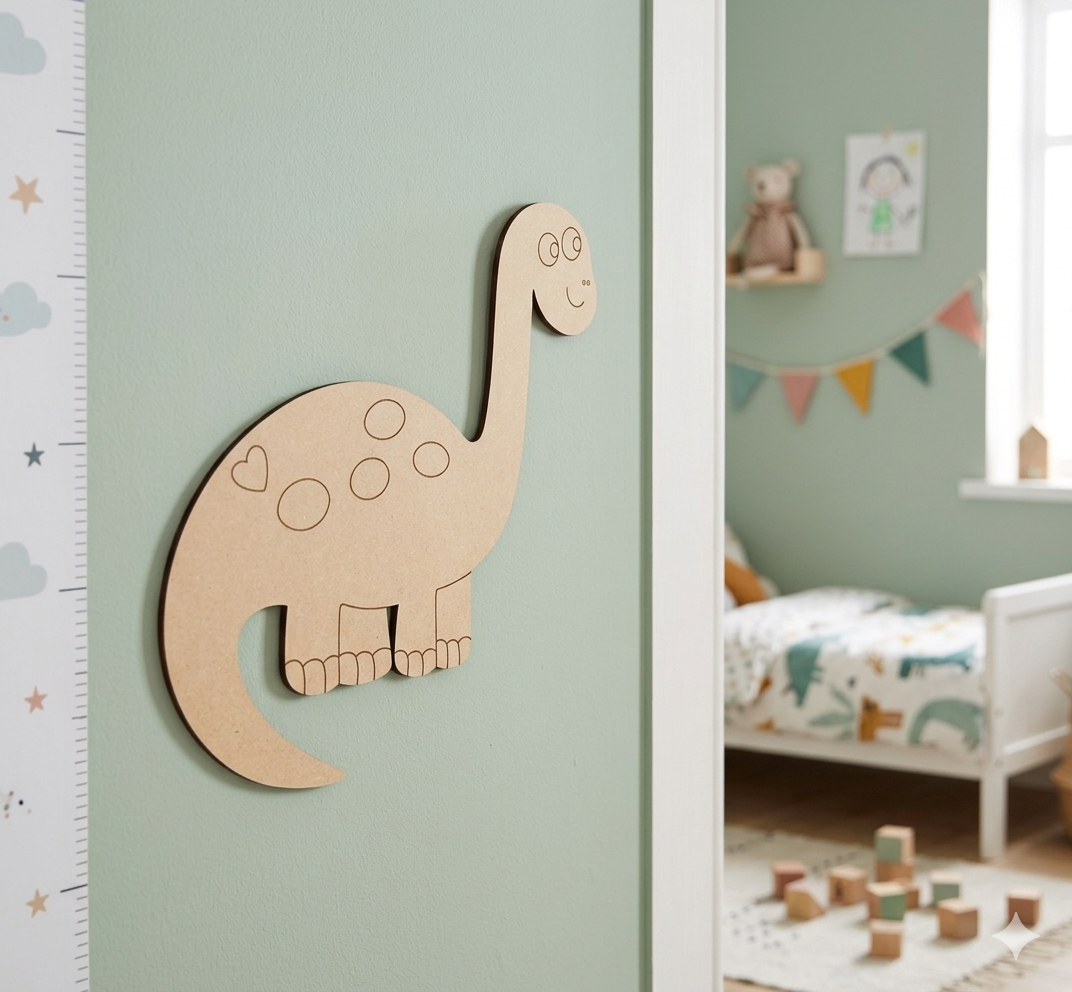MDF DIY dinosaur wall decoration in a child's room with a bed and toys.