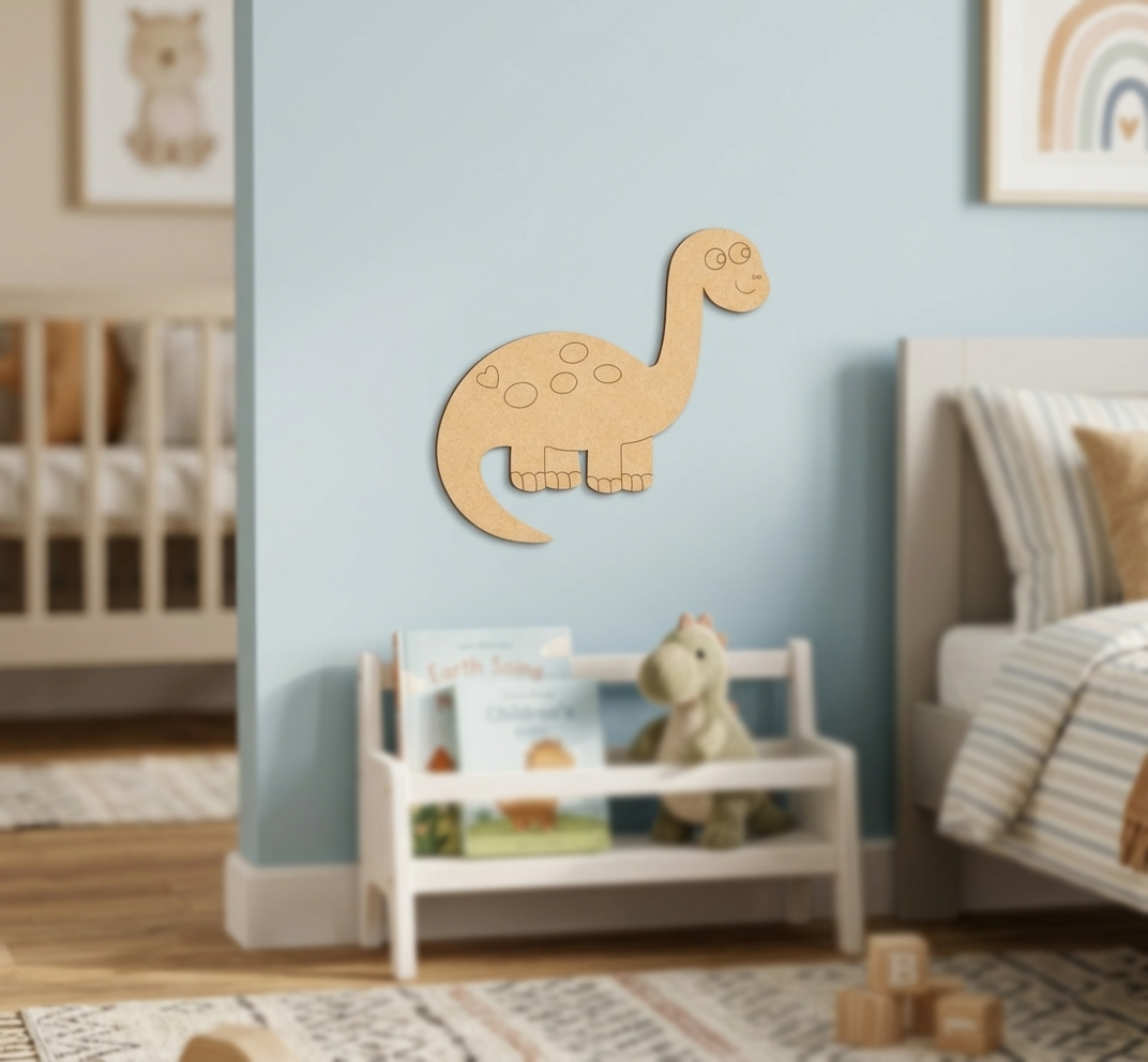 MDF DIY dinosaur wall decoration in a child's bedroom with crib, books, and toys.
