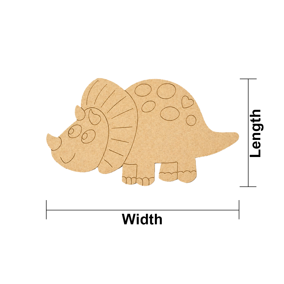 MDF DIY dinosaur cutout with measurements on a white background