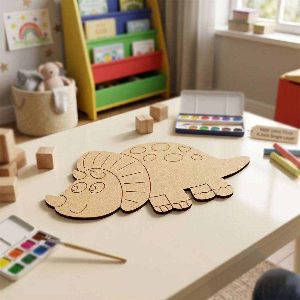 Children's play area with MDF DIY dinosaur puzzle on a table, colorful books, and art supplies.