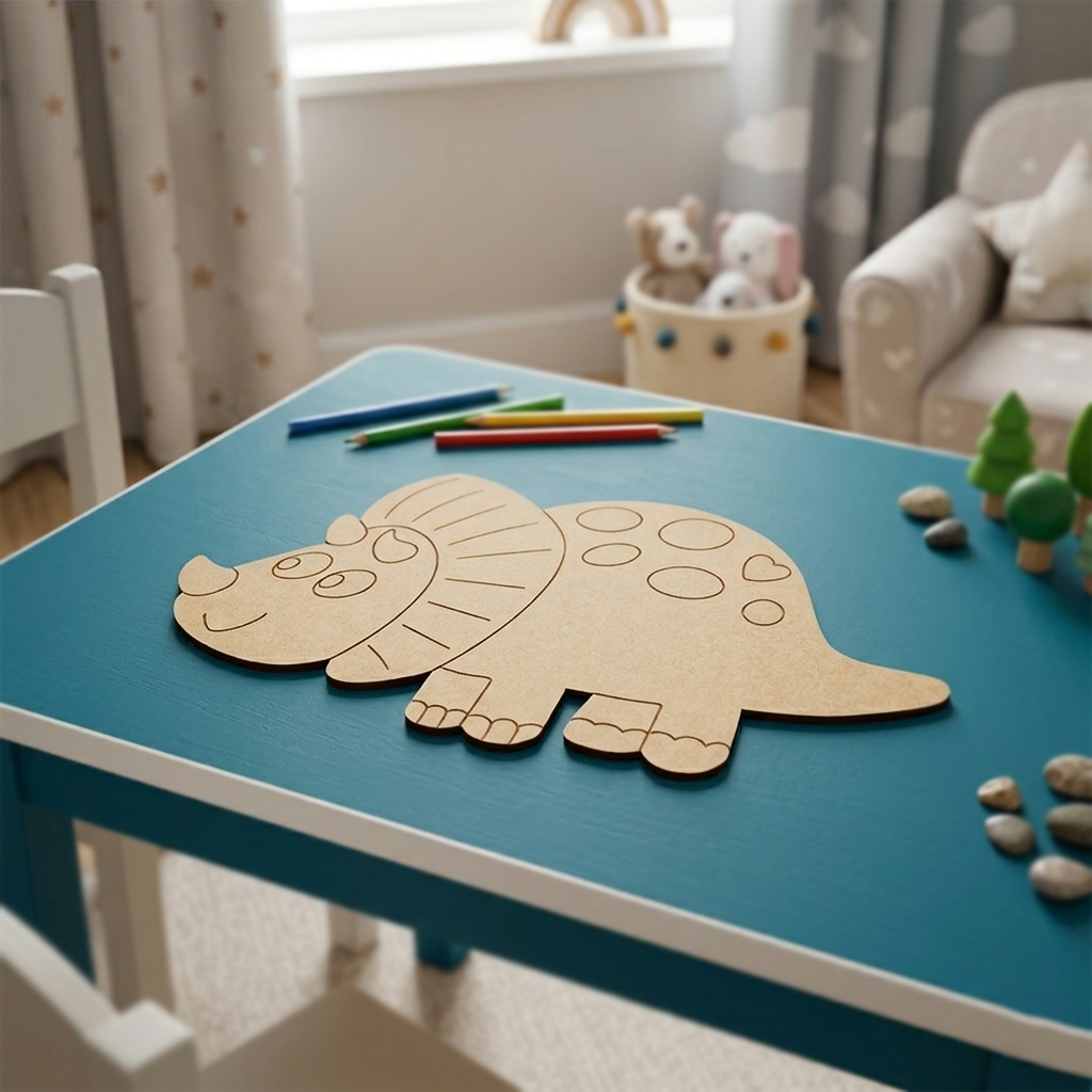 Children's craft project with MDF DIY dinosaur template on a blue table in a room with toys and furniture.