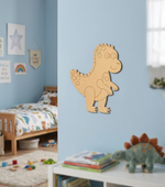 MDF DIY dinosaur craft on a light blue wall.