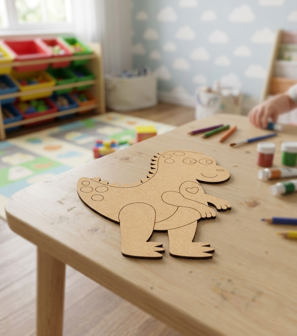 MDF DIY dinosaur craft on a light brown table surface with stationery items.
