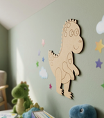 MDF DIY dinosaur craft on a light green wall with toy items. 