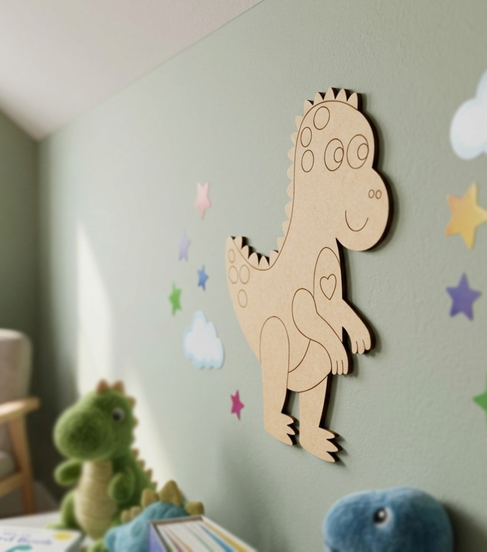 MDF DIY dinosaur craft on a light green wall with toy items. 