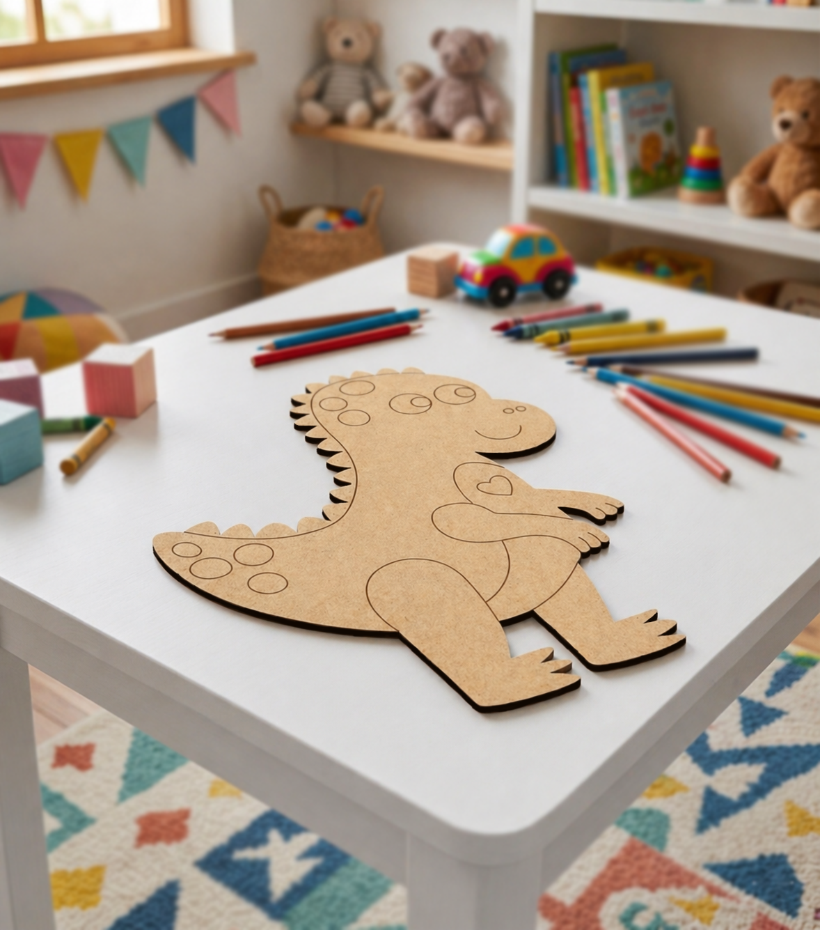 MDF DIY dinosaur craft on a white table with stationery items.