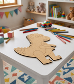 MDF DIY dinosaur craft on a white table with stationery items.