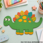 Colorful MDF DIY dinosaur craft on a light blue surface with stationery items.