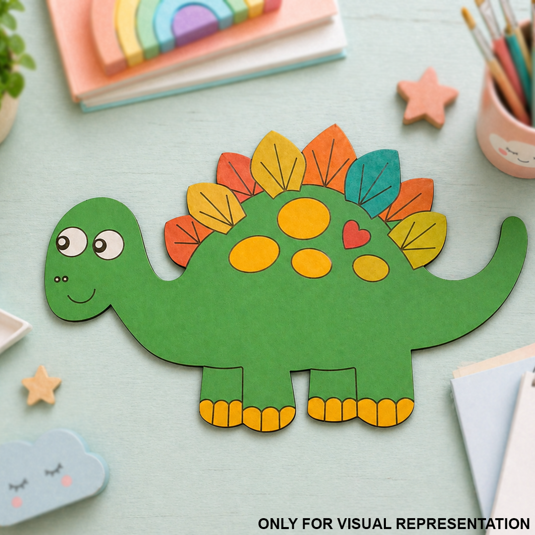 Colorful MDF DIY dinosaur craft on a light blue surface with stationery items.