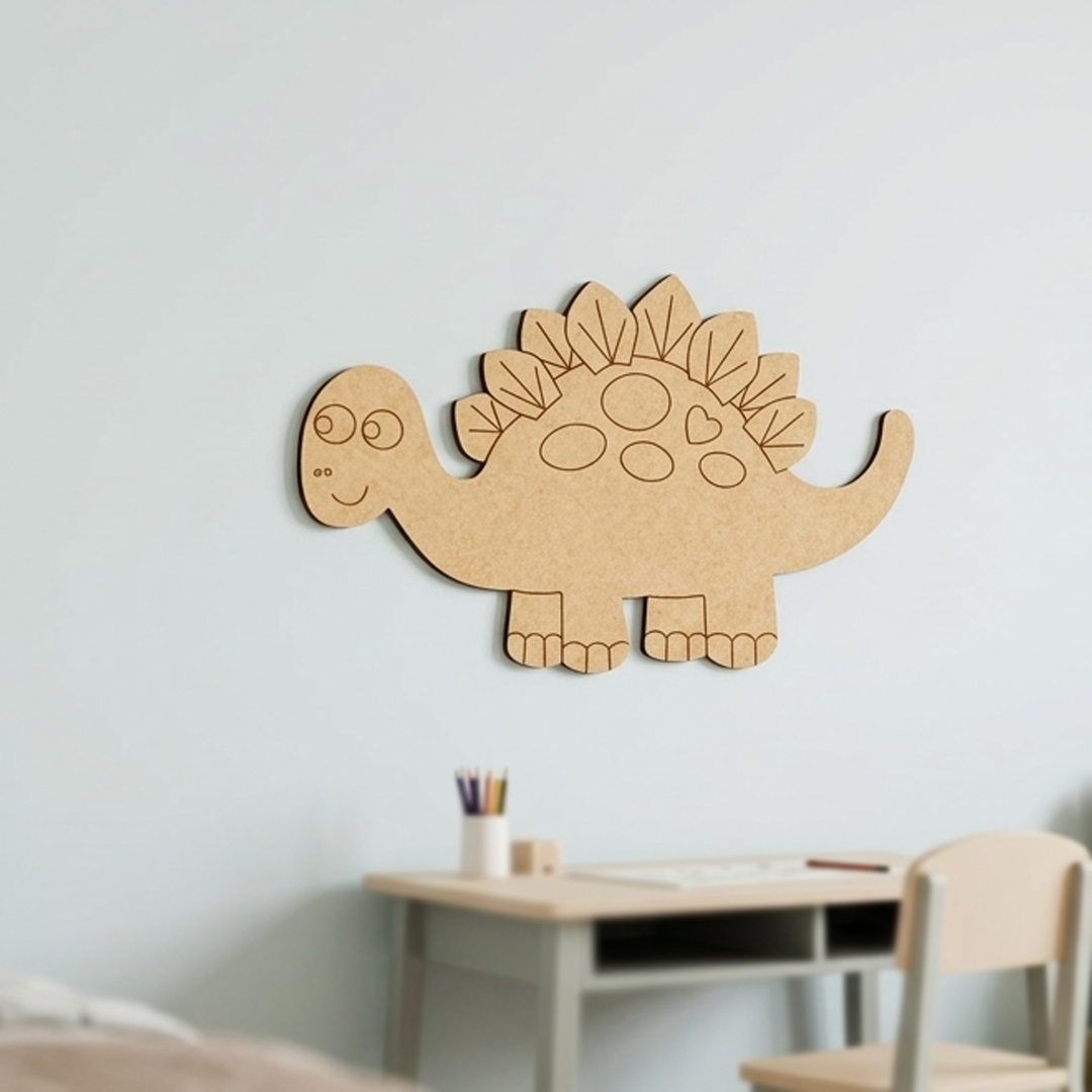 MDF DIY dinosaur wall decoration on a light blue wall above a desk.