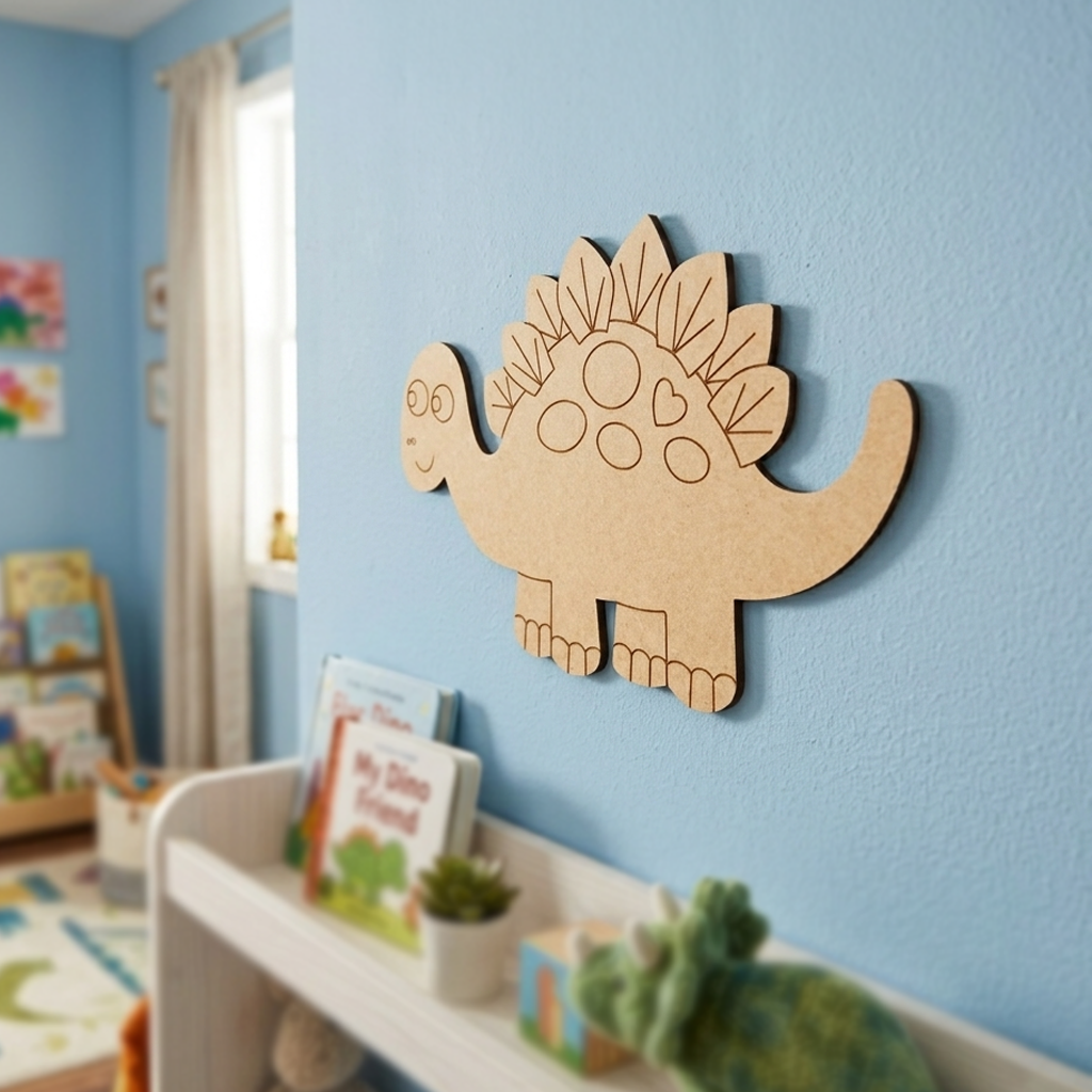 MDF DIY dinosaur wall decoration in a child's room with books and toys.