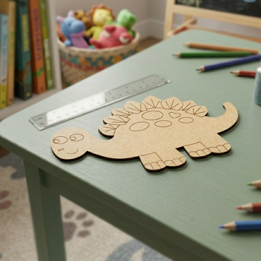 MDF DIY dinosaur toy on a child's desk with pencils and books in the background