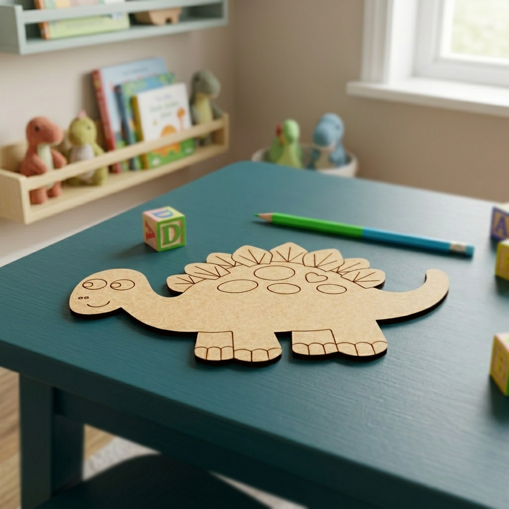 MDF DIY dinosaur toy on a table with children's books and toys in the background