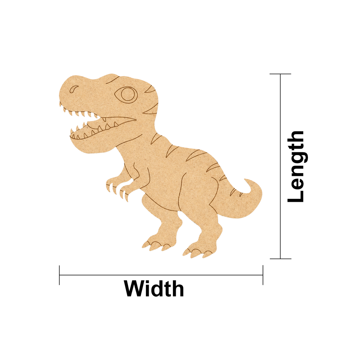 MDF DIY  dinosaur cutout with measurements on a white background
