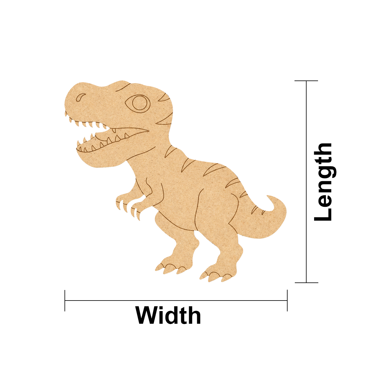MDF DIY  dinosaur cutout with measurements on a white background