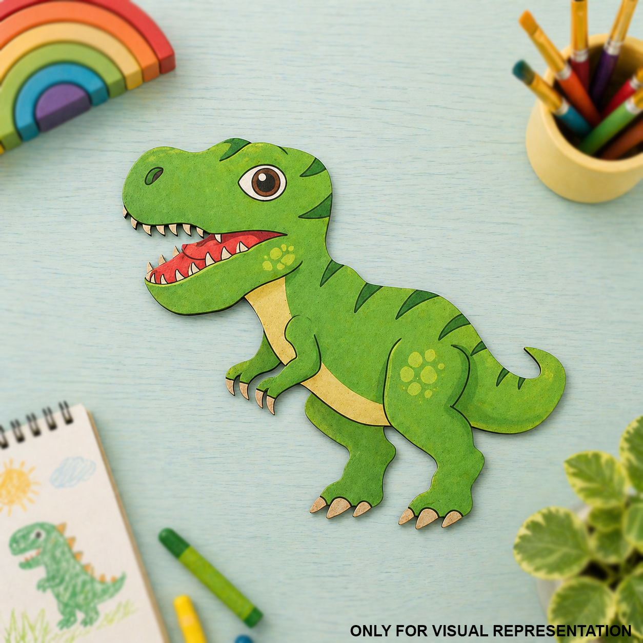MDF DIY Colorful dinosaur cutout on a light blue background with stationery items.