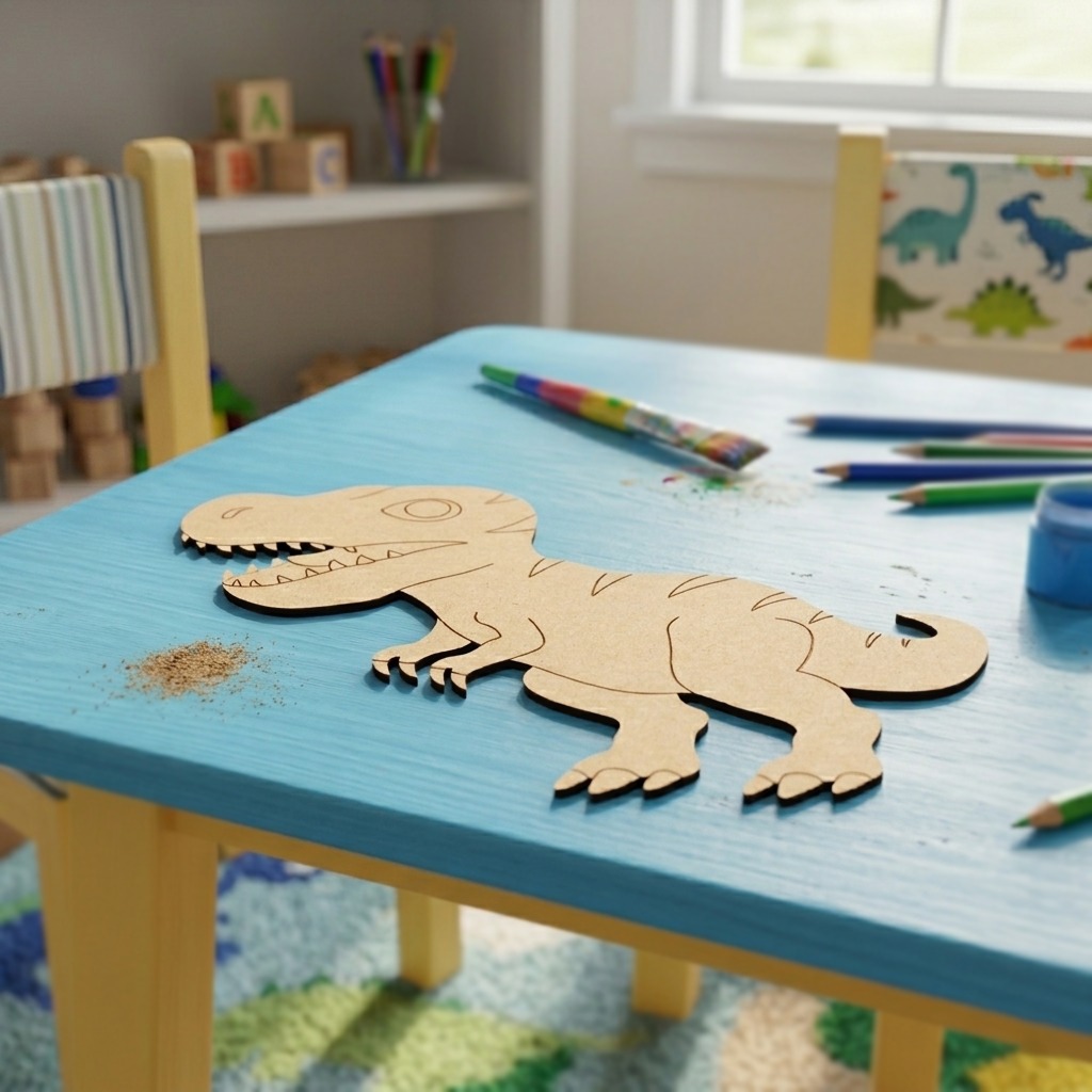 MDF DIY  dinosaur puzzle on a blue children's table with coloring supplies.