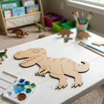 MDF DIY  dinosaur cutout on a table with art supplies in a child's playroom.