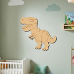 MDF DIY  dinosaur wall decoration in a child's room with a crib and books in the background.