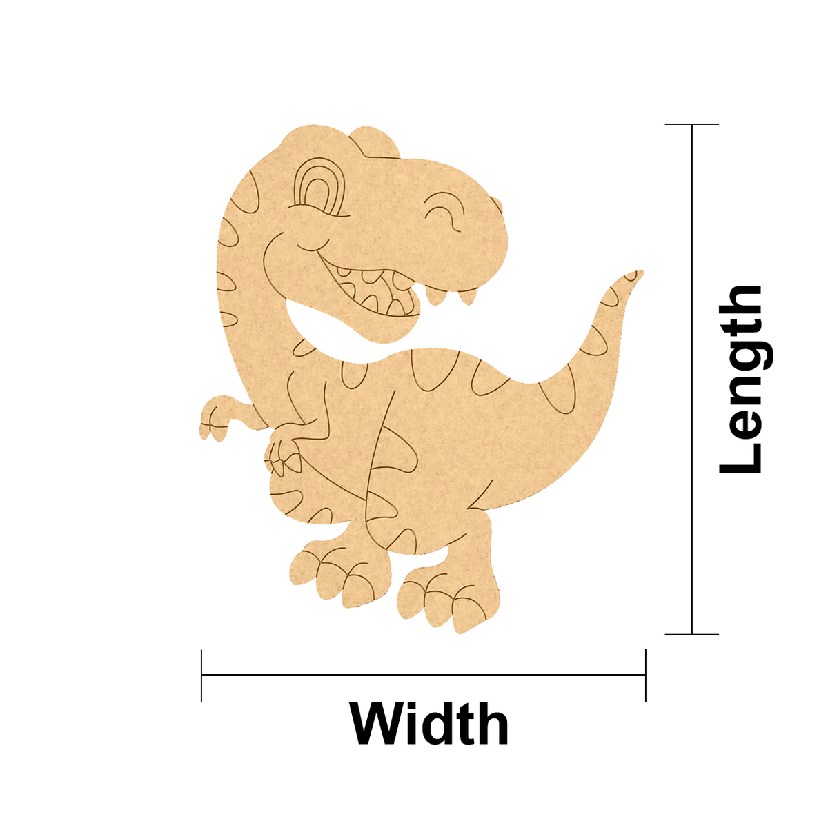 MDF DIY  dinosaur cutout with labeled length and width on a white background