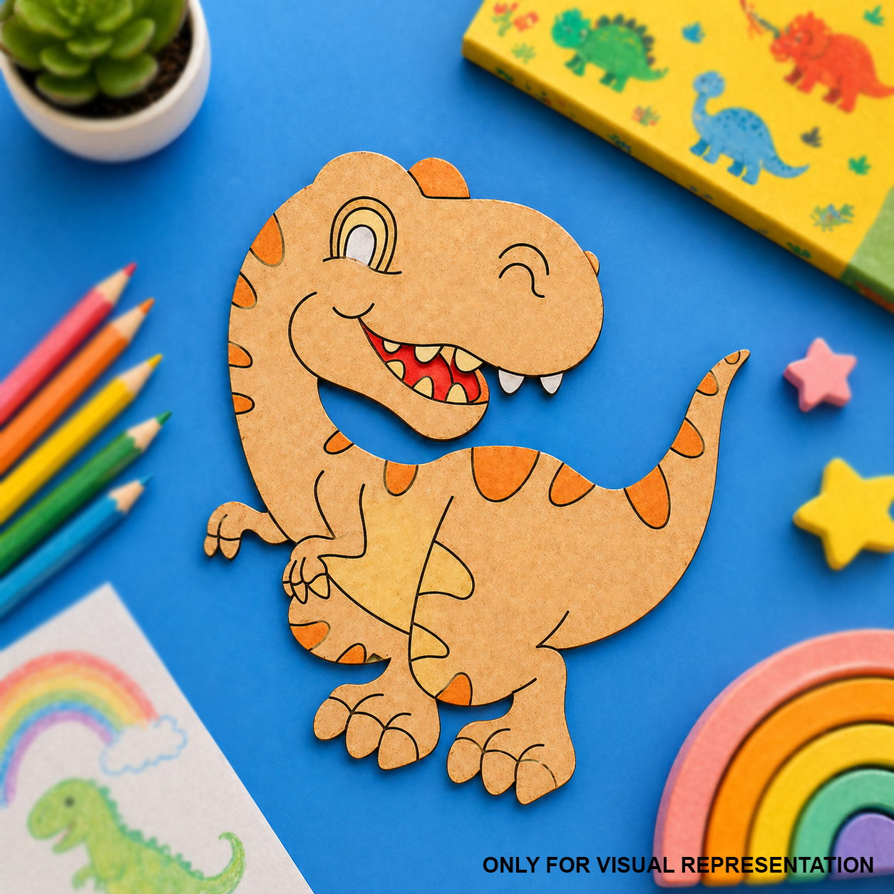 MDF DIY  dinosaur cutout on a blue background with colorful pencils and stationery items.
