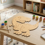 MDF DIY  dinosaur cutout on a table with art supplies in a child's room