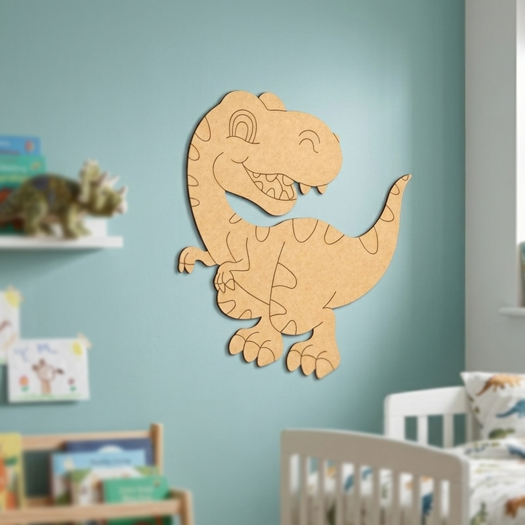 MDF DIY  dinosaur wall decoration in a child's room with books and toys.