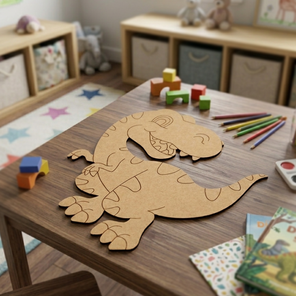 MDF DIY  Dinosaur-shaped cutout on a wooden table with colorful pencils and toys in the background