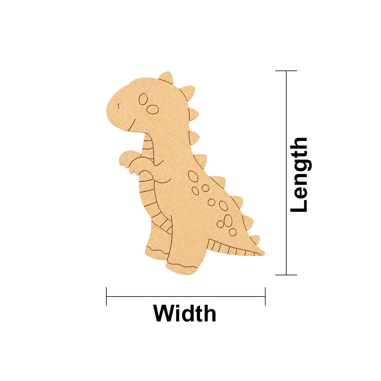 MDF DIY  dinosaur cutout with measurements labeled on a white background