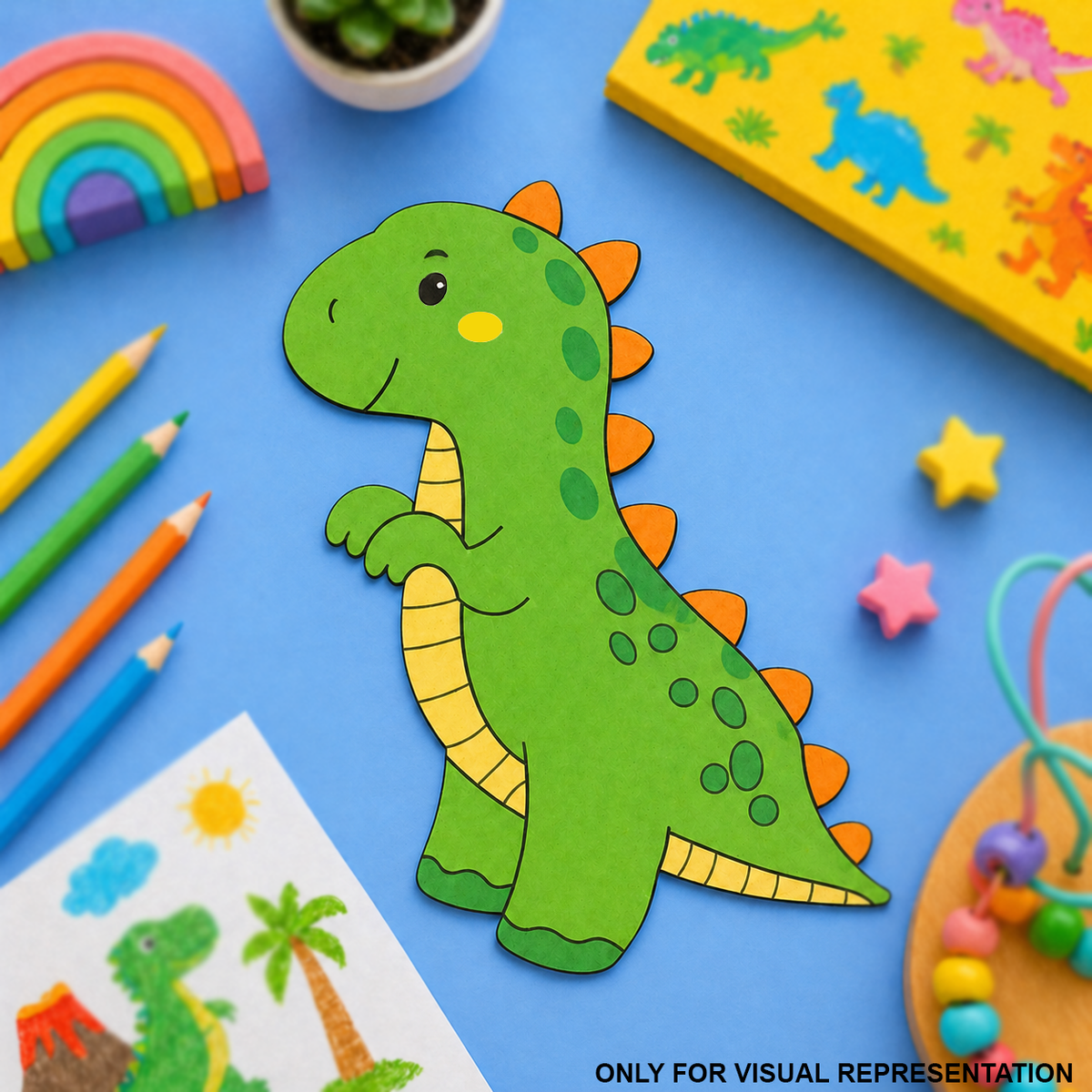 Colorful MDF DIY  dinosaur craft on a blue background with stationery items.