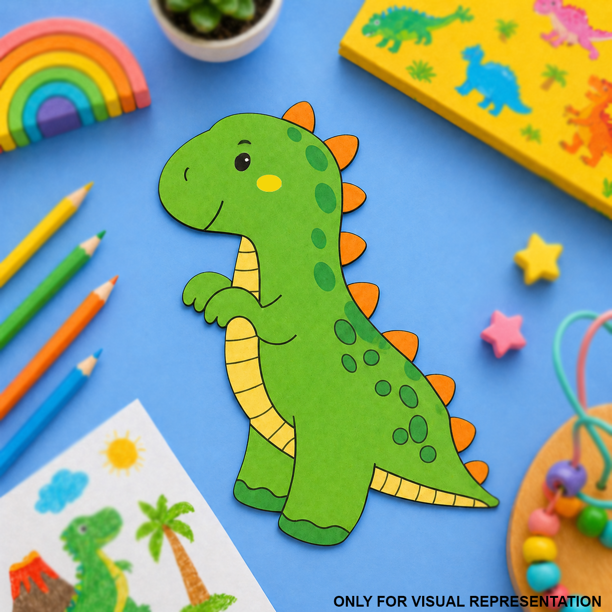Colorful MDF DIY  dinosaur craft on a blue background with stationery items.