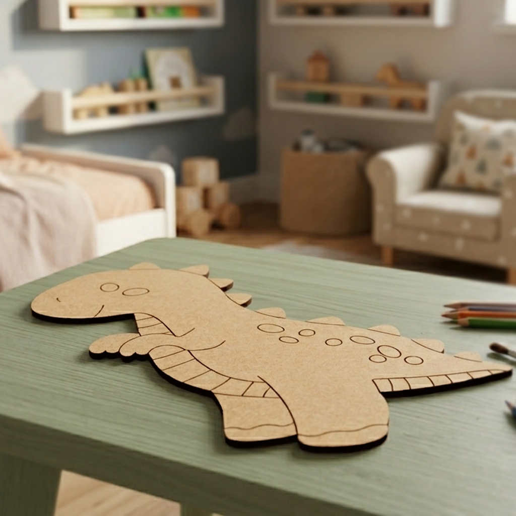 MDF DIY  dinosaur cutout on a table in a child's room with shelves and furniture in the background.