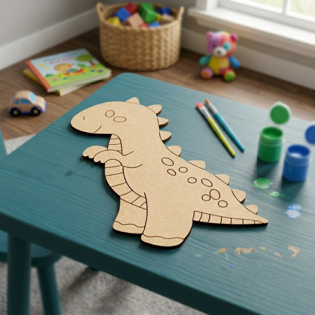 MDF DIY dinosaur cutout on a table with art supplies in a child's playroom.