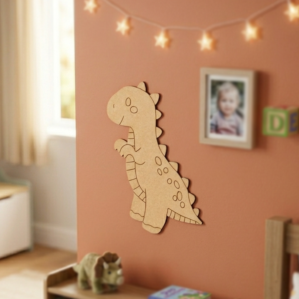 MDF DIY  dinosaur wall decoration in a child's room with string lights and a framed photo.