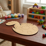 MDF DIY  dinosaur template on a table with paint containers and toys in the background