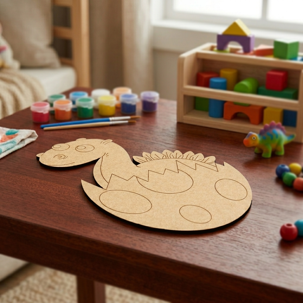 MDF DIY  dinosaur template on a table with paint containers and toys in the background