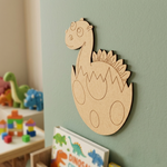 MDF DIY  dinosaur wall decoration on a light green wall with children's toys in the background.